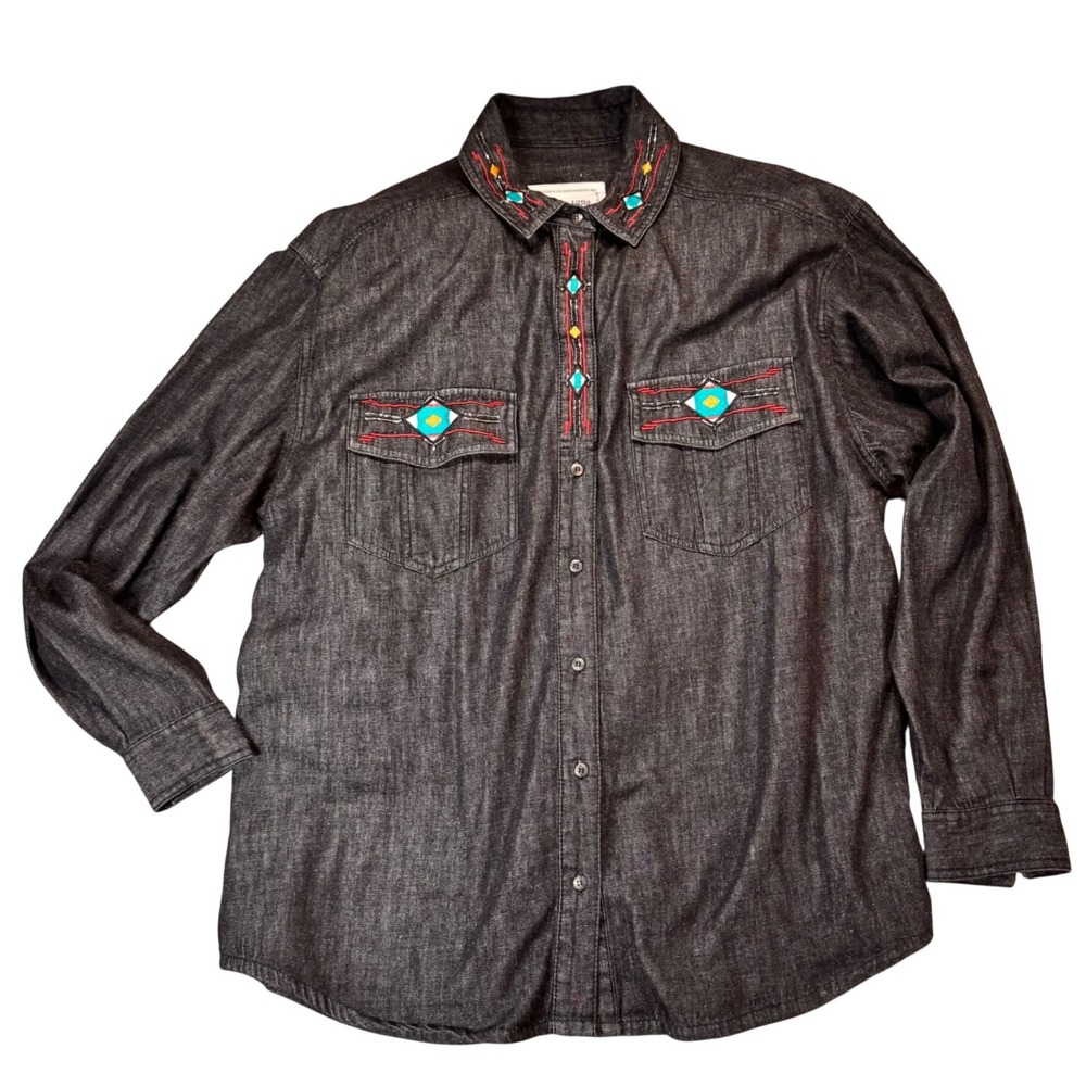 Carole Little St Tropez Wear Denim Shirt Southwestern Embroidered Beaded Blk 12